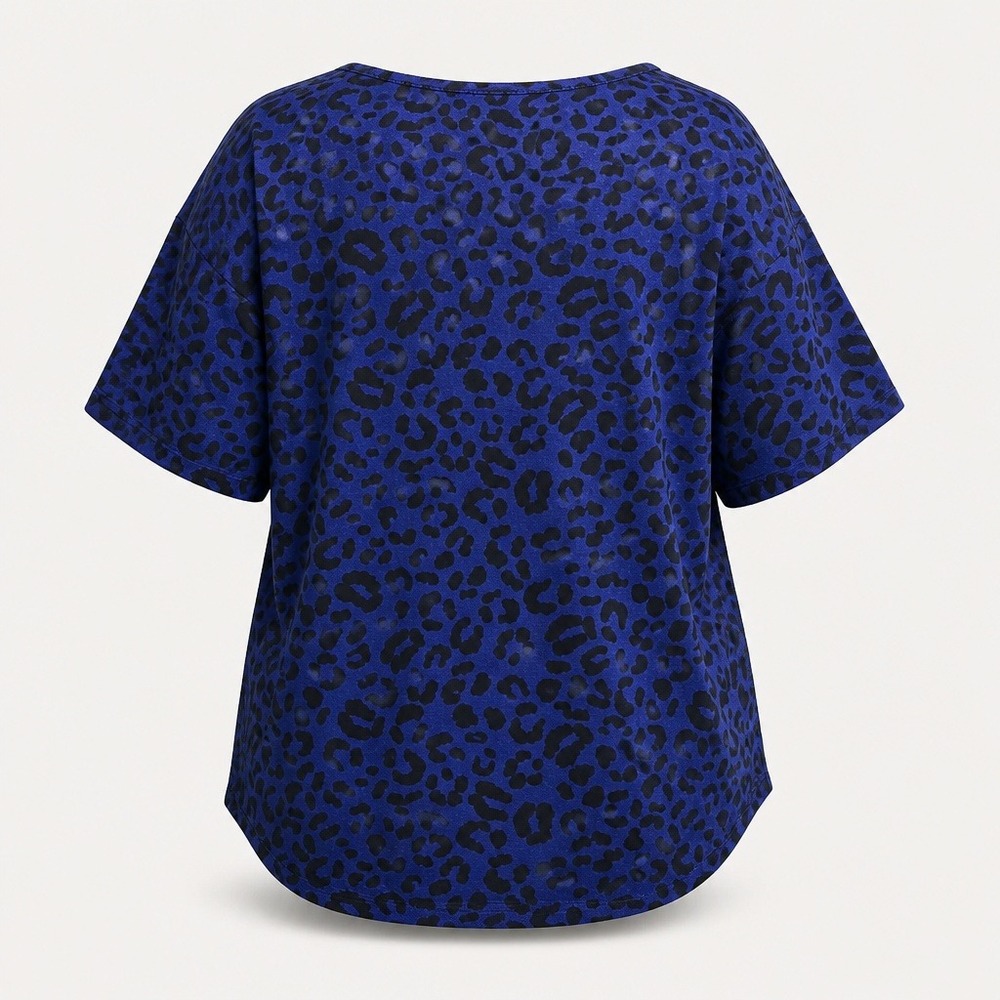 LuLaRoe Irma Tunic Top 2XL Blue Black Grey Animal Print High Low Short Sleeve